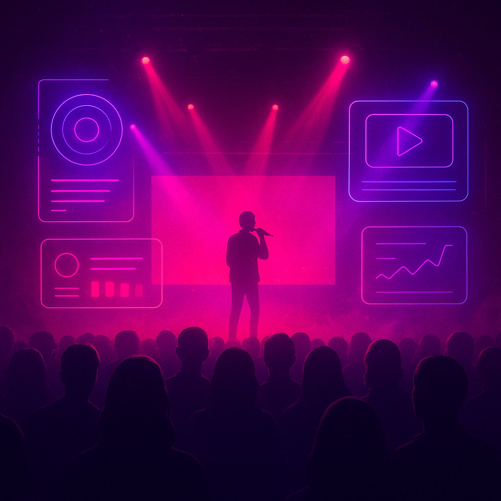 NightLight Arcade hero — neon-soaked crowd, stage, interactive HUD overlays